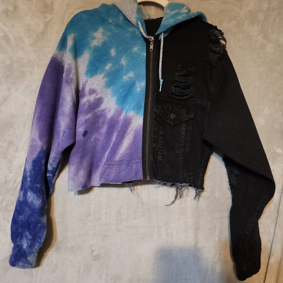 Carman Womens Small Color Blocked Distressed Tie-Dye/Black Cropped Hoodie Jacket - Picture 4 of 5